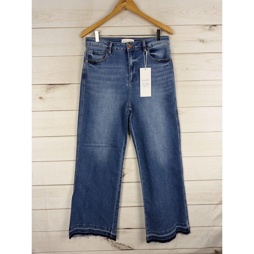 Risen Jeans Womens 13/31 Raw Hem Medium Wash High Rise Wide Leg Stretch Denim